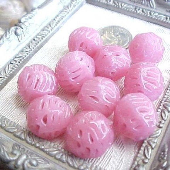 10 Vintage Bubblegum Opal Pink Netted Lace Czech Handmade Lampwork Beads 14mm